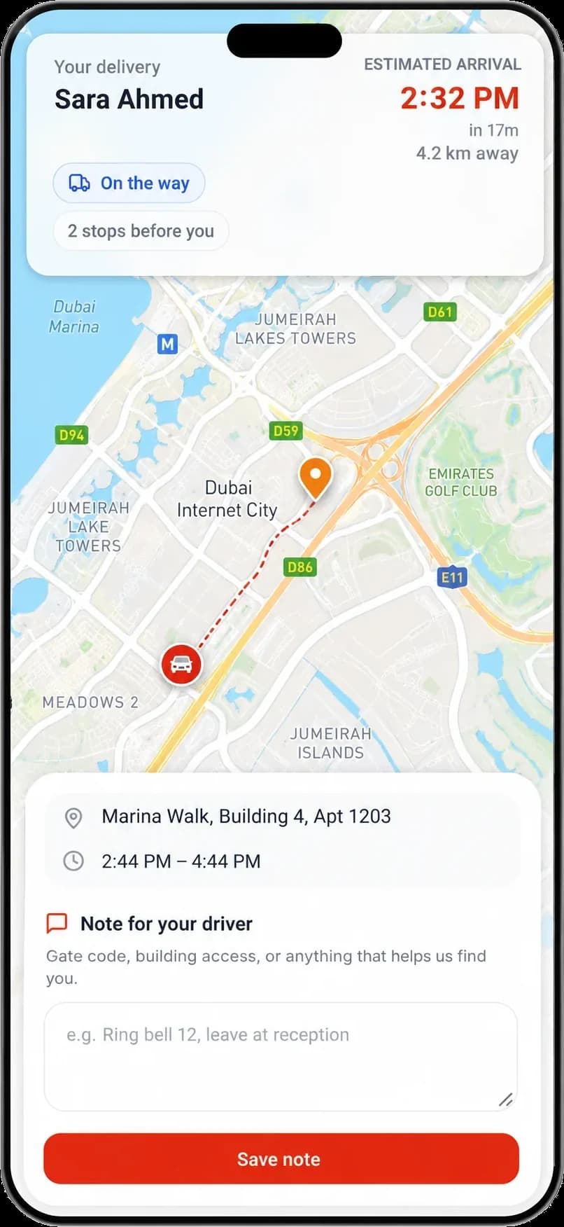 Customer live tracking page with ETA and driver map