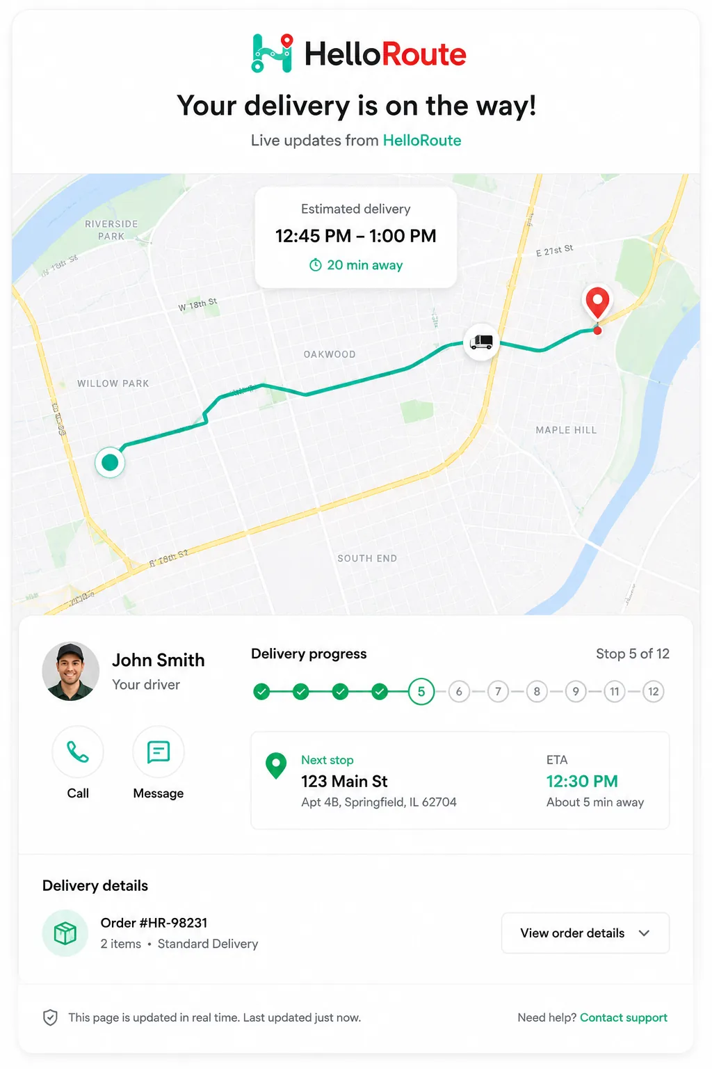 Circle Routes customer tracking page with live ETA and delivery map