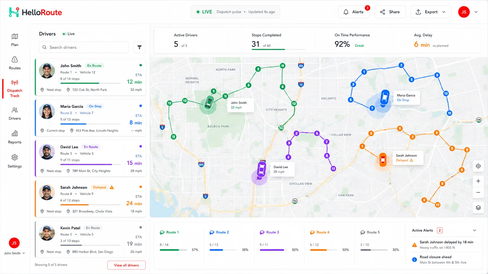 Circle Routes live dispatch view with driver tracking and route progress