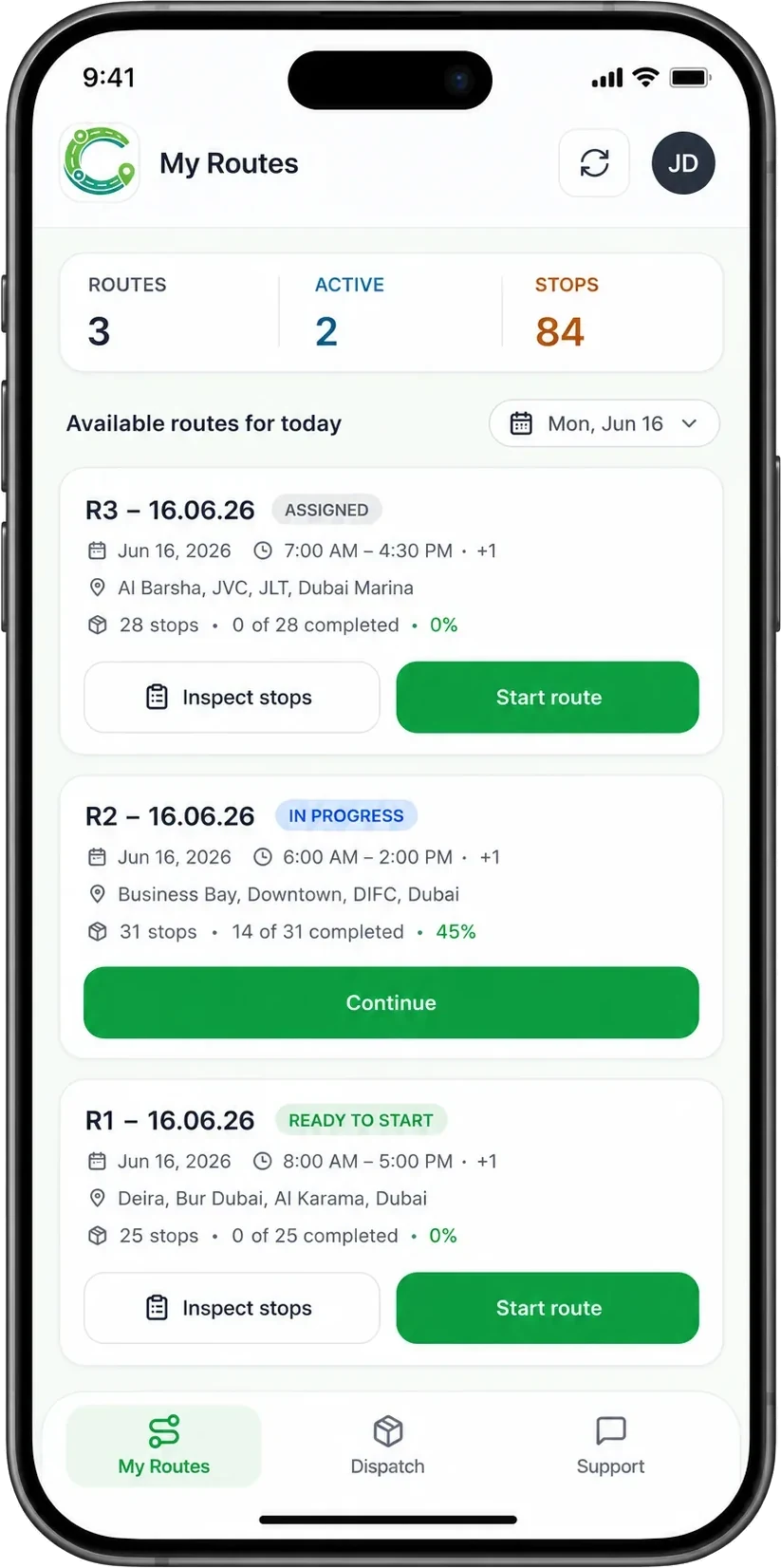 Driver app My Routes screen with daily route list