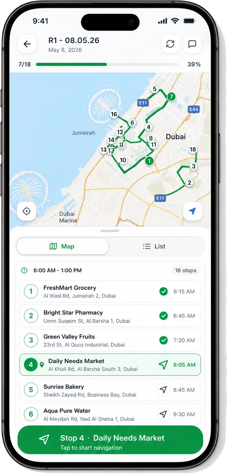 Driver app active route with stop list and navigation