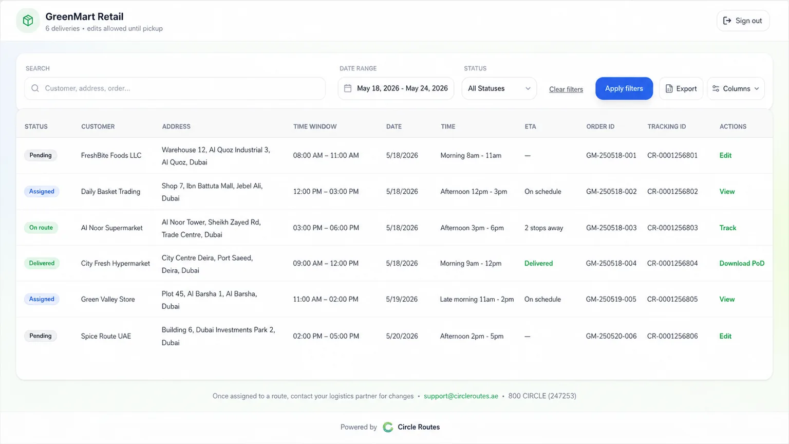 Merchant portal order table for shippers and retail clients