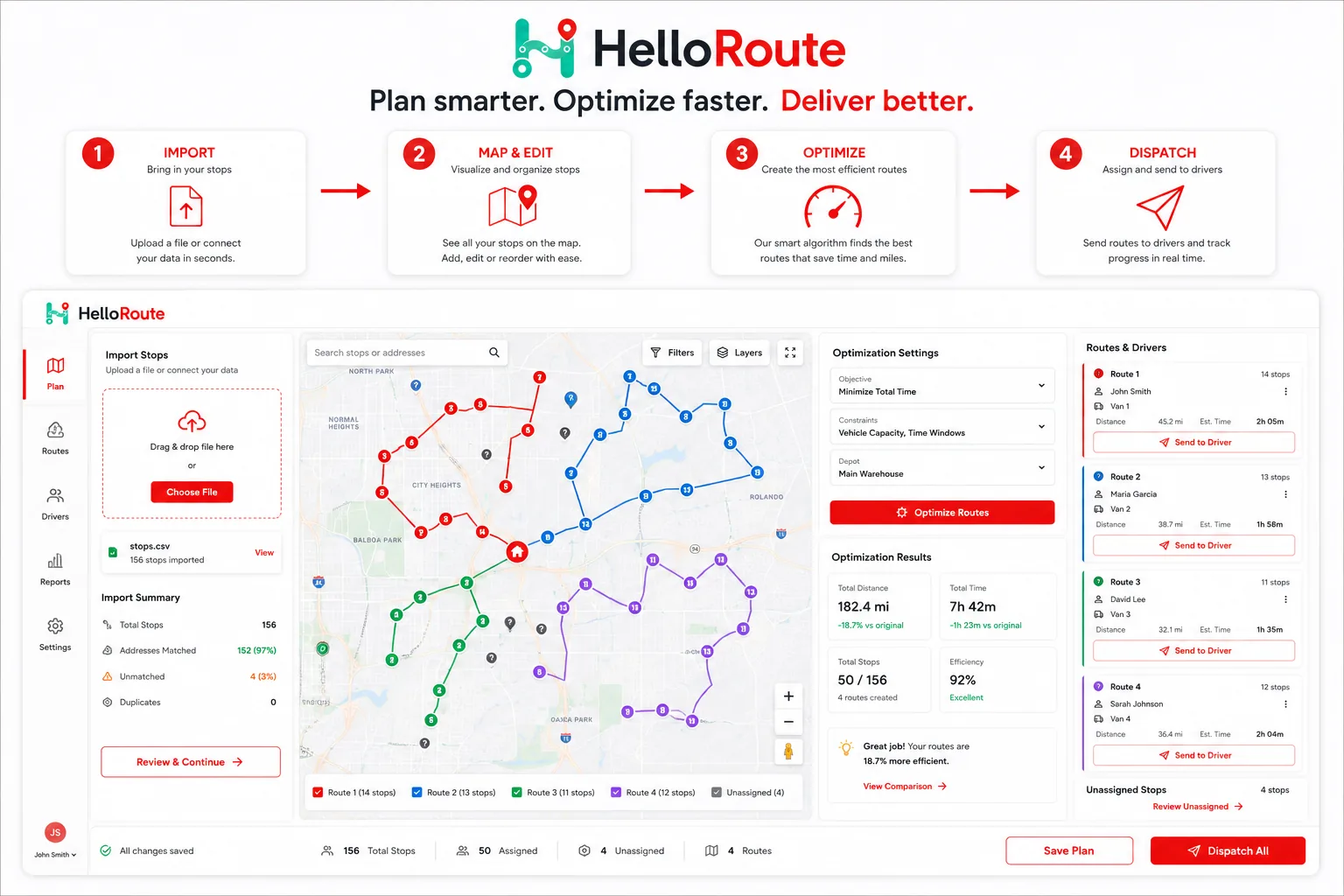 Circle Routes planner map with delivery routes and stop assignments