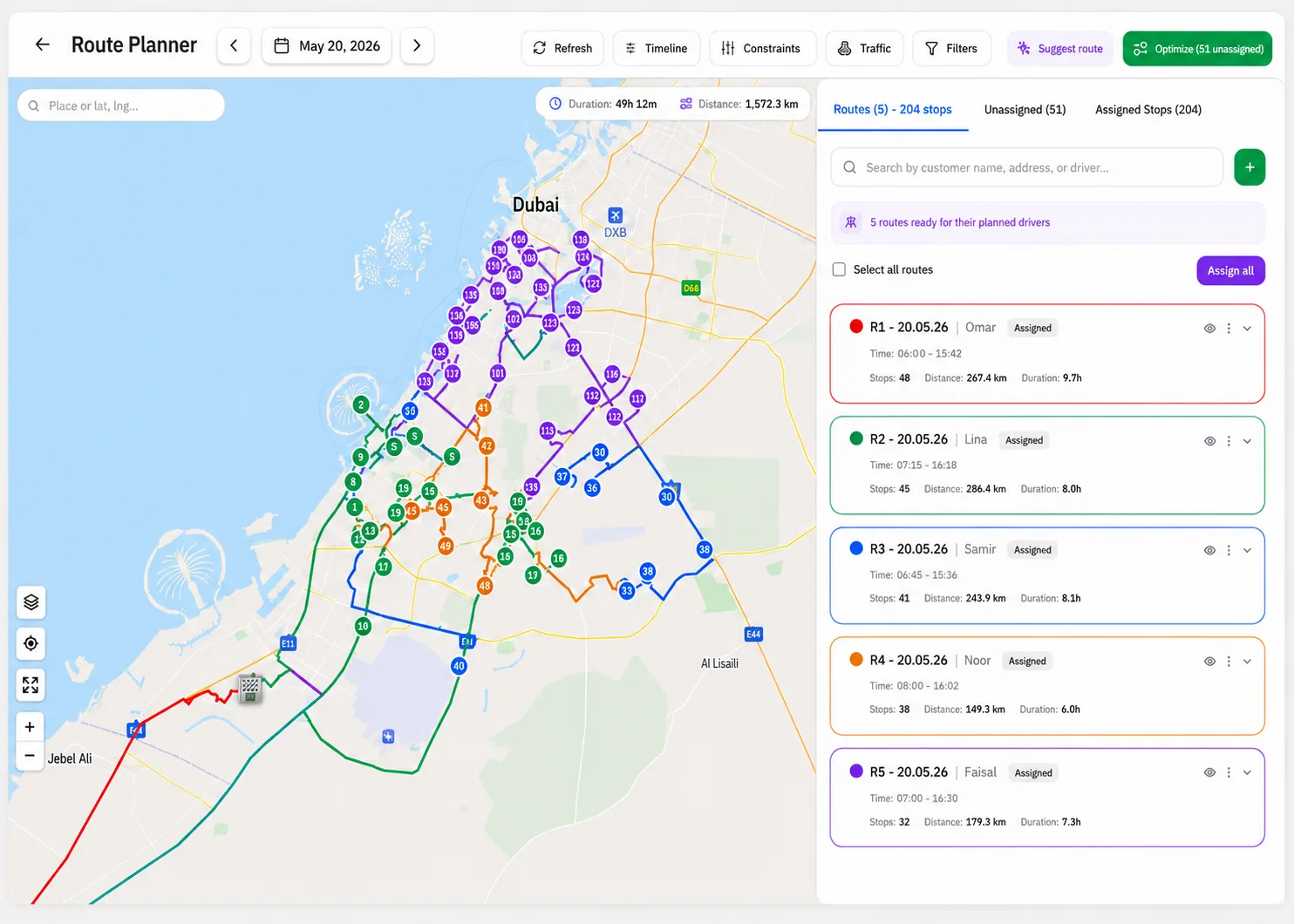 Route planner map with multi-stop routes and stop assignments